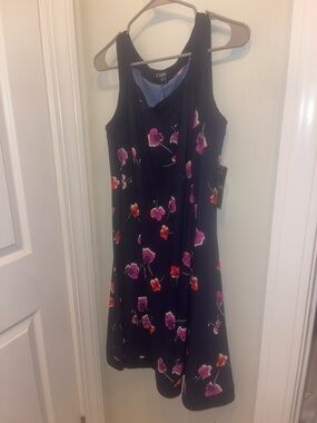 Chaps Navy Midi Dress with Pink & Red Floral Print